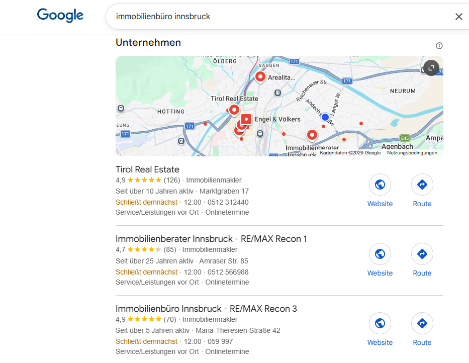 Screenshot Google Suche - Immobilienbüro Innsbruck