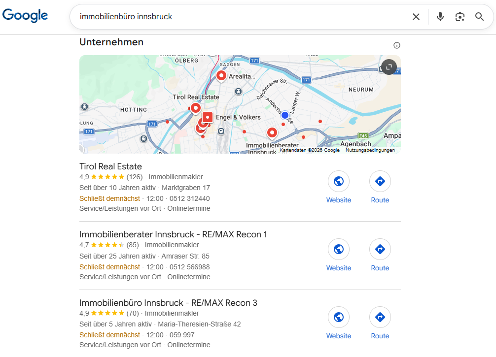 Google Suche Screenshot Immobilienbüro Innsbruck